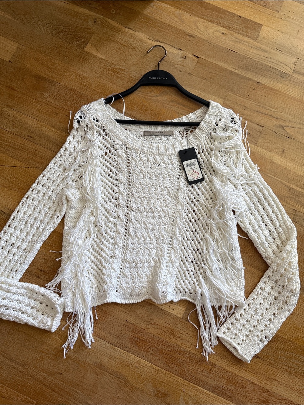 Guess Cream Open-Knit Fringe Crewneck Sweater